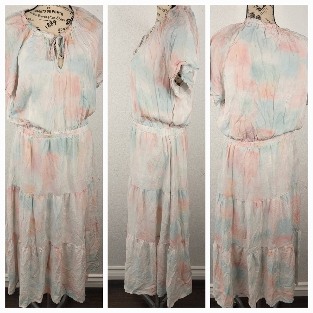 Cloth And Stone Maxi Dress Pastel Watercolor Tiered Keyhole Cottagecore Bohemian